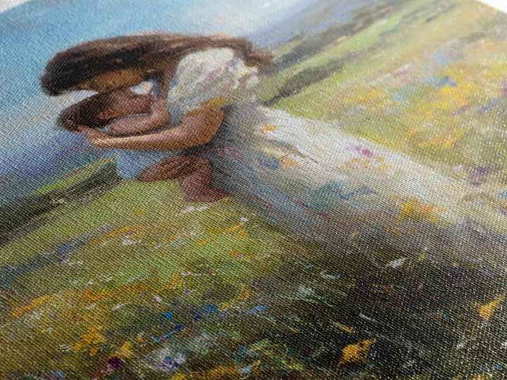 Mother And Baby In Rolling Hills Meadow Canvas Print, Impressionist Landscape Wall Art, Floral Nursery Decor, Gift For Mom