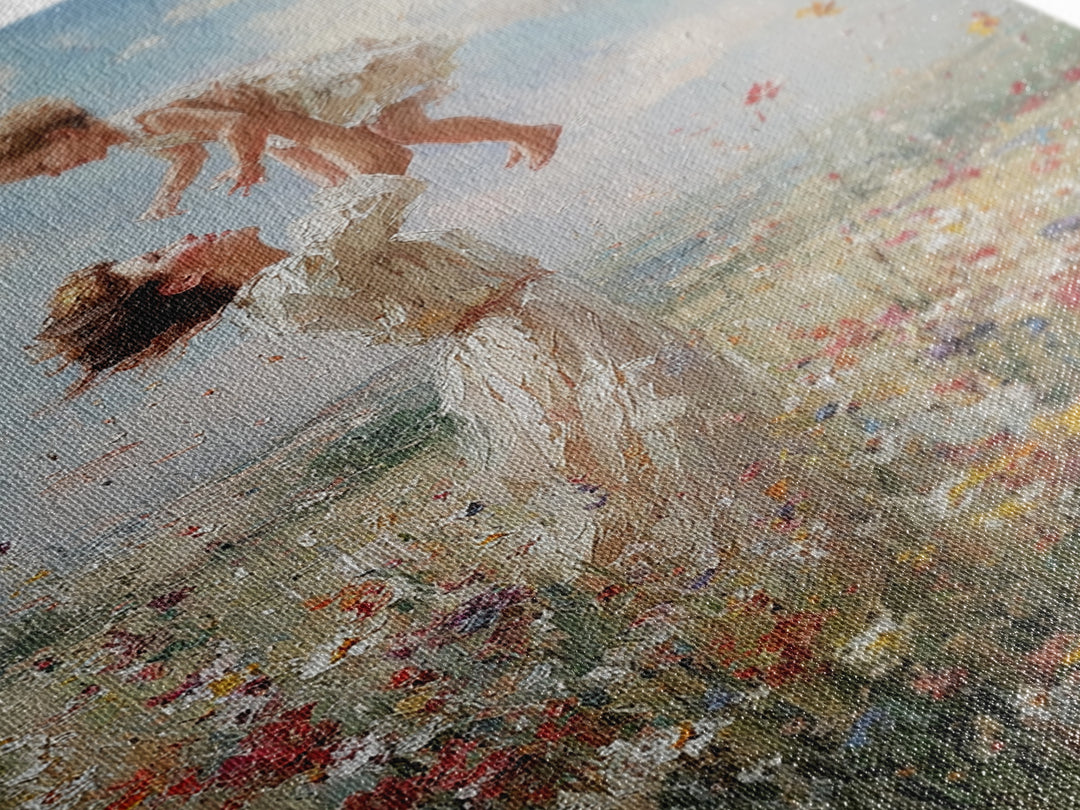 Mother Lifting Child Above Wildflower Meadow Wall Art, Joyful Impressionist Oil Painting Print, Nursery Decor, Gift For Mom