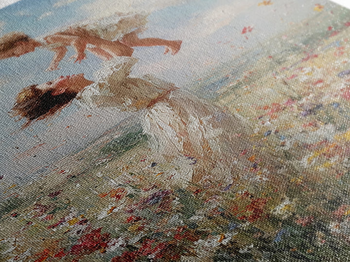 Mother Lifting Child Above Wildflower Meadow Wall Art, Joyful Impressionist Oil Painting Print, Nursery Decor, Gift For Mom