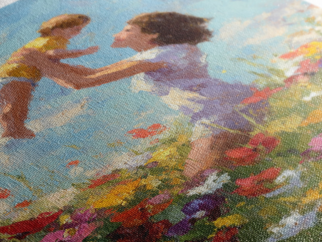 Kneeling Mother Lifting Baby Among Poppies Canvas Print, Impressionist Floral Wall Art, Nursery Decor, Mothers Day Gift For Mom