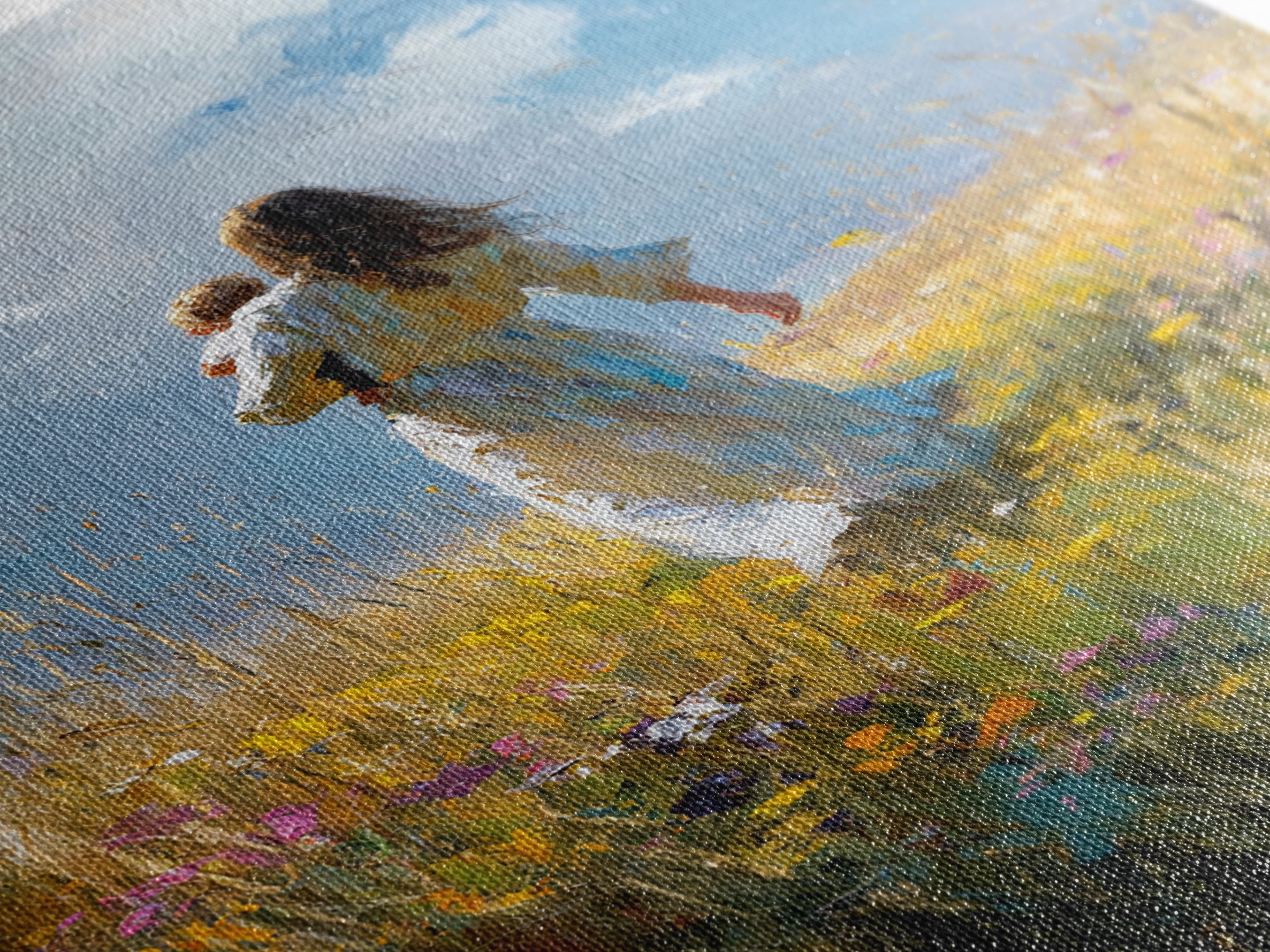 Mother Carrying Child Through Sunny Meadow Canvas Print, Impressionist Landscape Wall Art, Nursery Decor, Mothers Day Gift For Mom