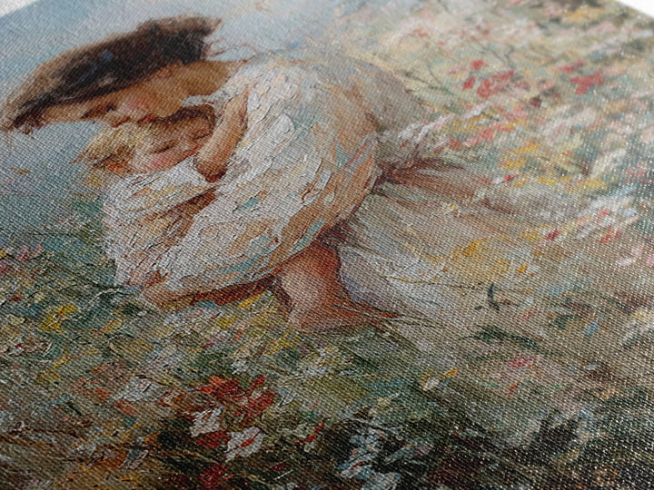 Tender Mother Cuddling Baby In Wildflowers Framed Canvas Print, Impressionist Floral Wall Art, Nursery Decor, Mothers Day Gift For Mom