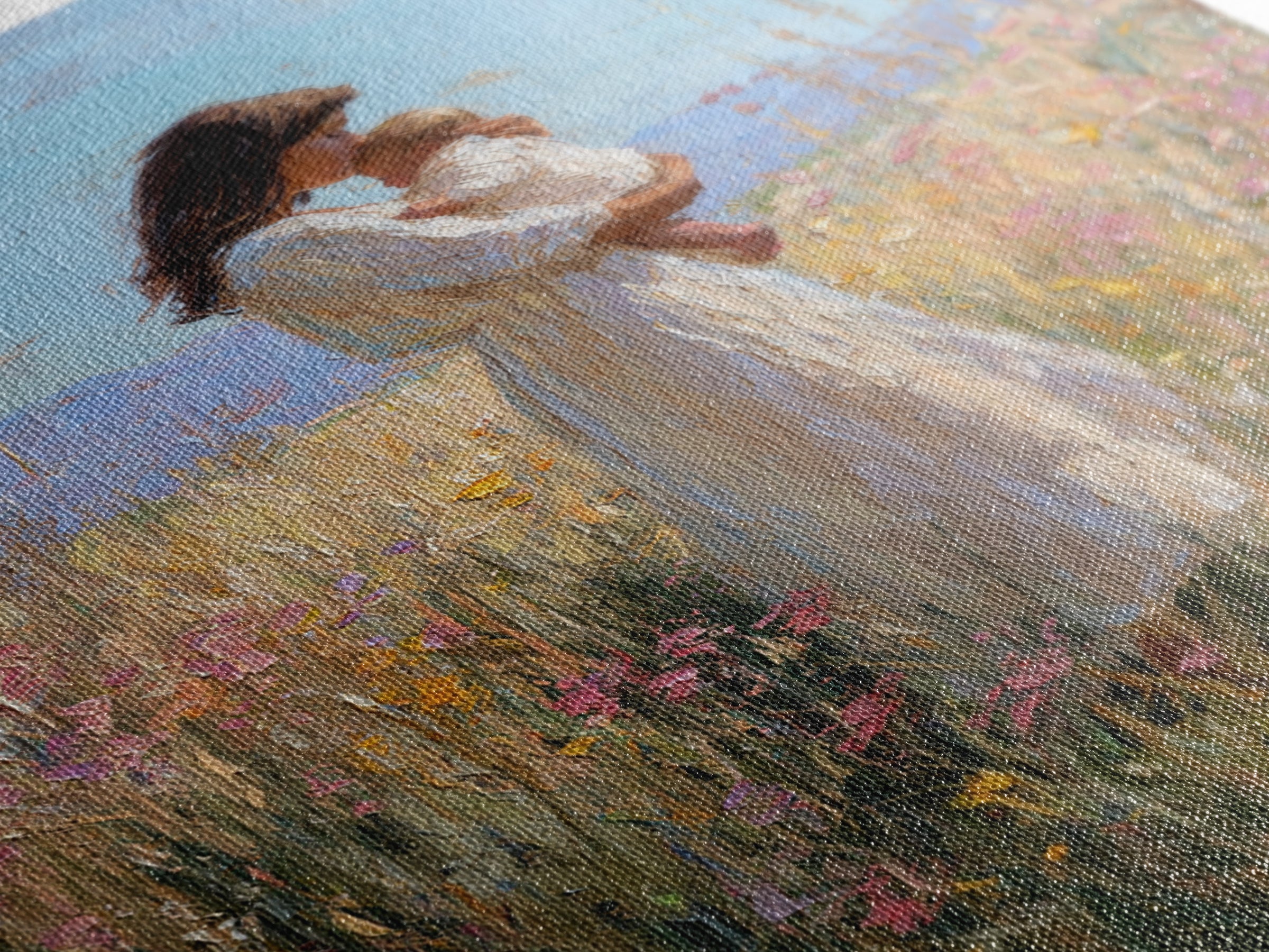Mother And Baby In Sunlit Wildflower Field Framed Canvas Print, Impressionist Painting, Nursery Wall Art, Gift For Mom, Decor
