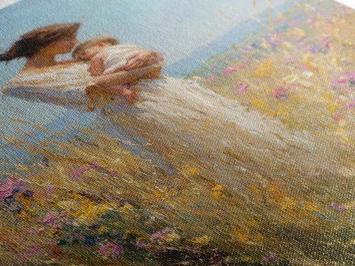 Mother Cradling Baby In Golden Wildflower Meadow Canvas Print, Impressionist Oil Painting, Feminine Wall Art, Gift For Mom