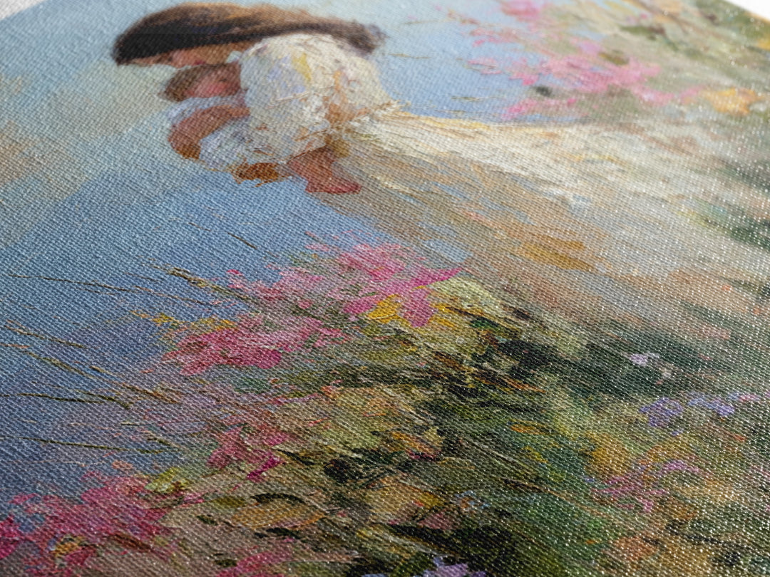 Mother And Newborn In Pink Wildflower Garden Wall Art, Impressionist Oil Painting, Feminine Nursery Decor, Gift For Mom, Home Decor