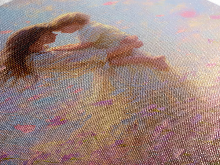 Mother Holding Child In Pink Petal Meadow Framed Canvas Print, Dreamy Impressionist Painting, Feminine Wall Art, Gift For Mom