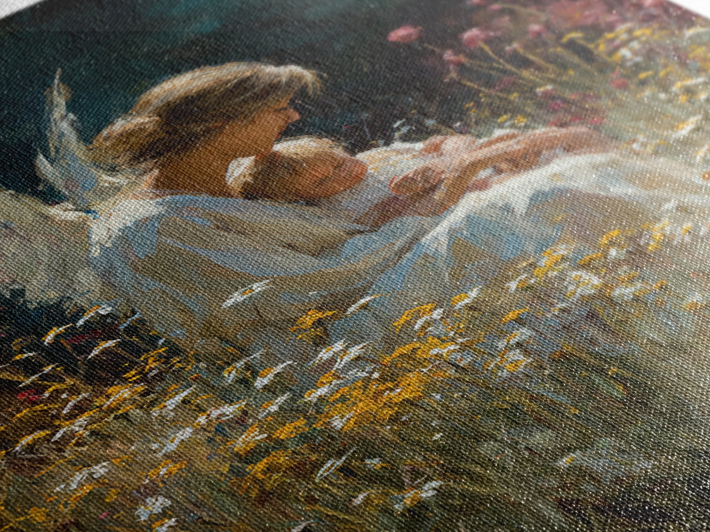 Seated Guardian Angel With Baby In Daisy Meadow Canvas Print, Spiritual Nursery Wall Art, Gift For Her, Moody Home Decor