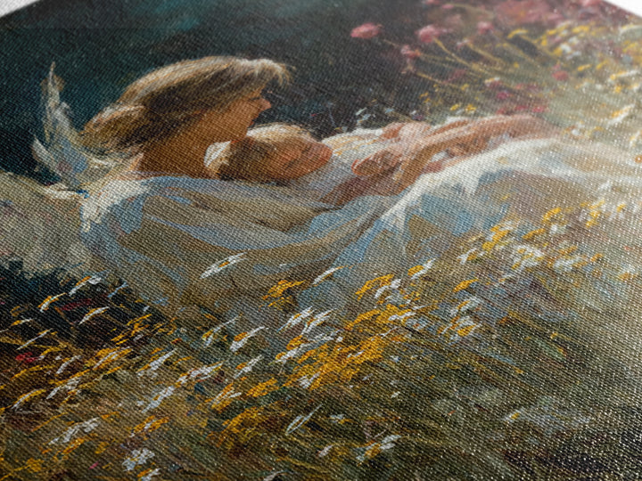 Seated Guardian Angel With Baby In Daisy Meadow Canvas Print, Spiritual Nursery Wall Art, Gift For Her, Moody Home Decor
