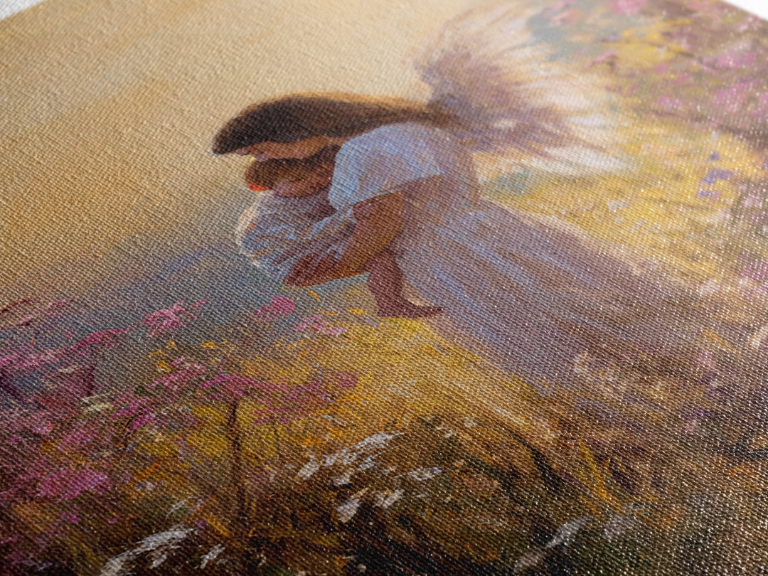 Sunset Angel Mother Holding Baby Among Purple Wildflowers Canvas Print, Spiritual Wall Art, Gift For Mom, Nursery Home Decor