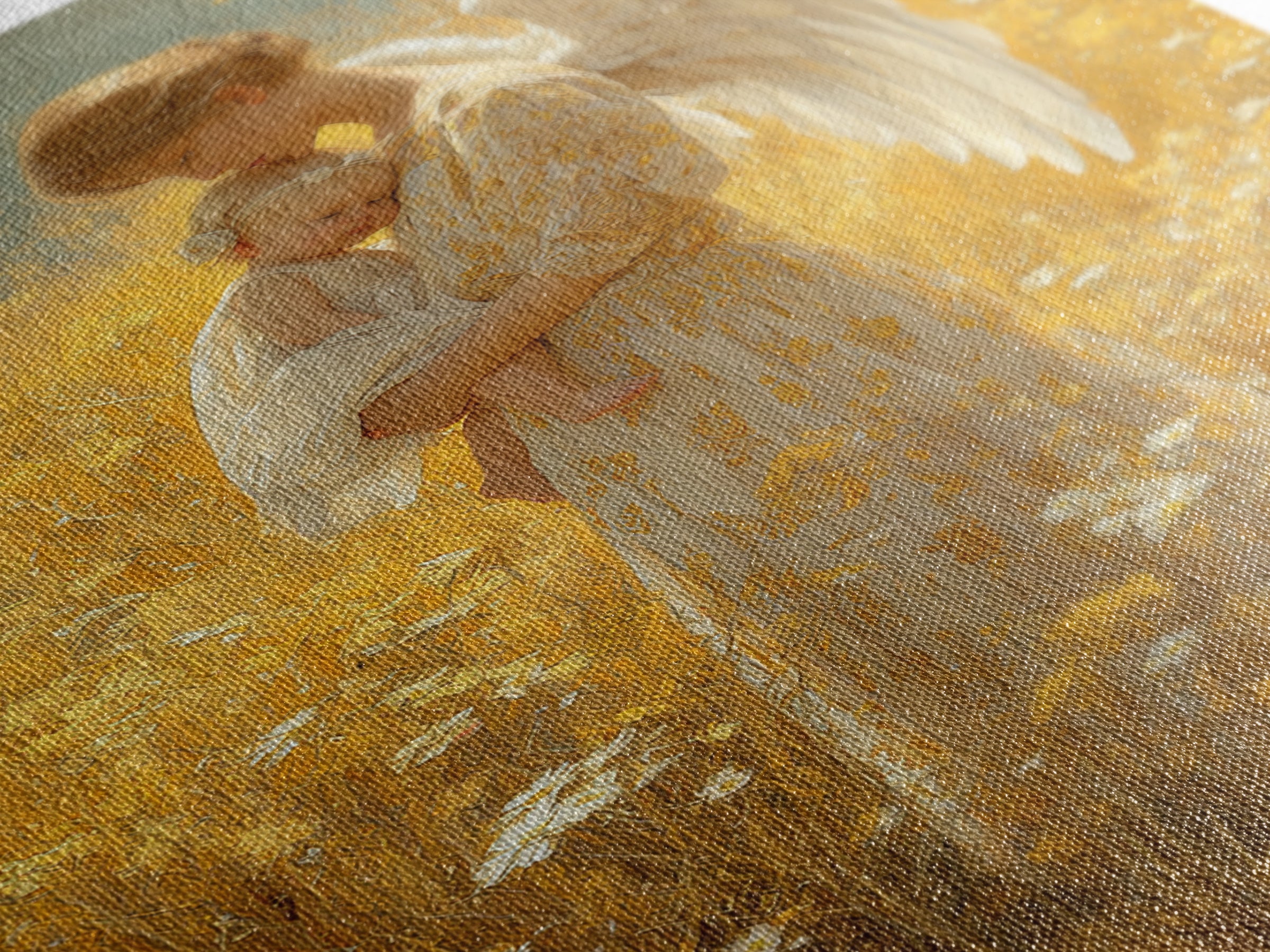 Golden Meadow Angel Holding Sleeping Baby Framed Canvas Print, Spiritual Nursery Wall Art, Gift For Mom, Christian Home Decor