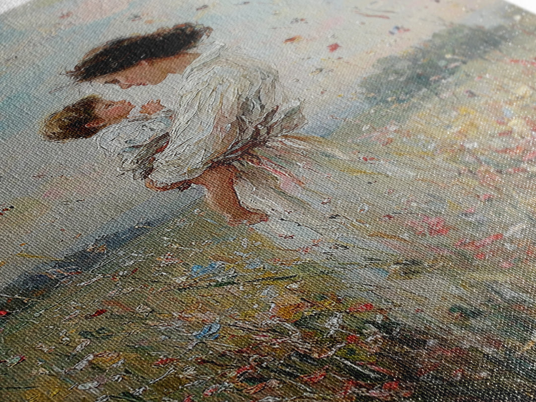 Mother And Baby In Windy Wildflower Meadow Canvas Print, Feminine Wall Art, Nursery Decor, Gift For Mom, Home Decor, Living Room Decor