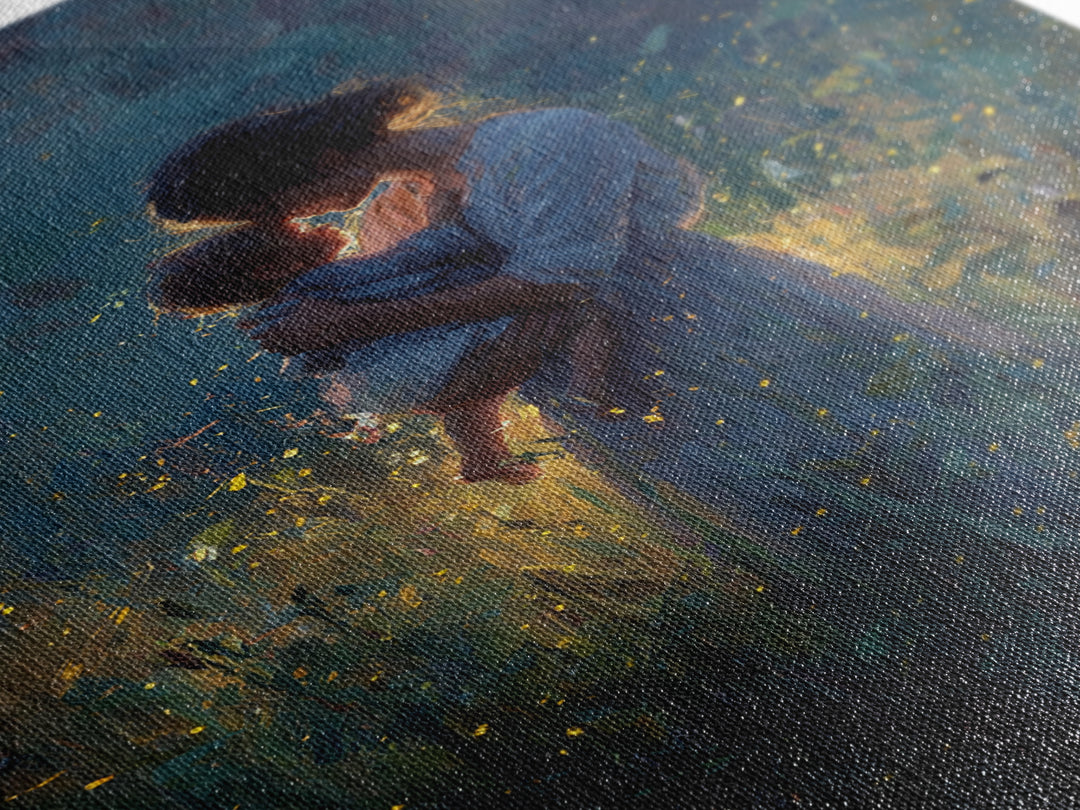 Mother And Baby With Golden Fireflies At Night Framed Canvas Print, Moody Wall Art, Spiritual Gift, Bedroom Wall Art, Nursery Decor