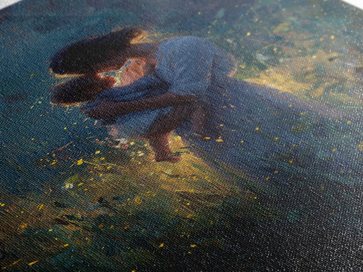 Mother And Baby With Golden Fireflies At Night Framed Canvas Print, Moody Wall Art, Spiritual Gift, Bedroom Wall Art, Nursery Decor