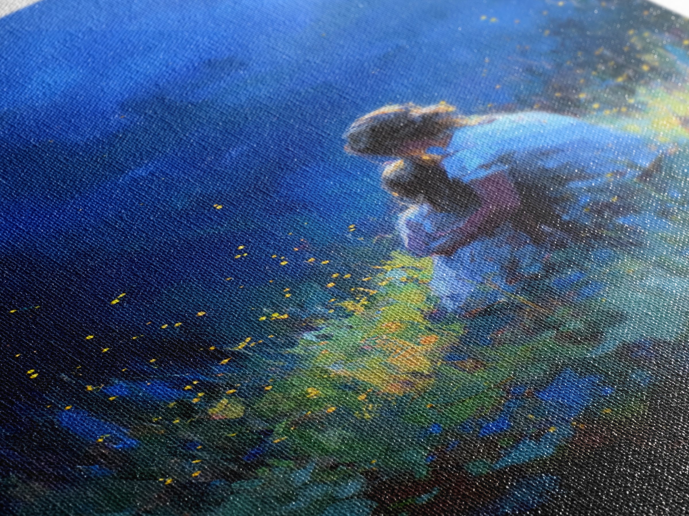 Mother And Child In Deep Blue Firefly Meadow Canvas Print, Moody Wall Art, Fantasy Decor, Nursery Wall Art, Gift For Her