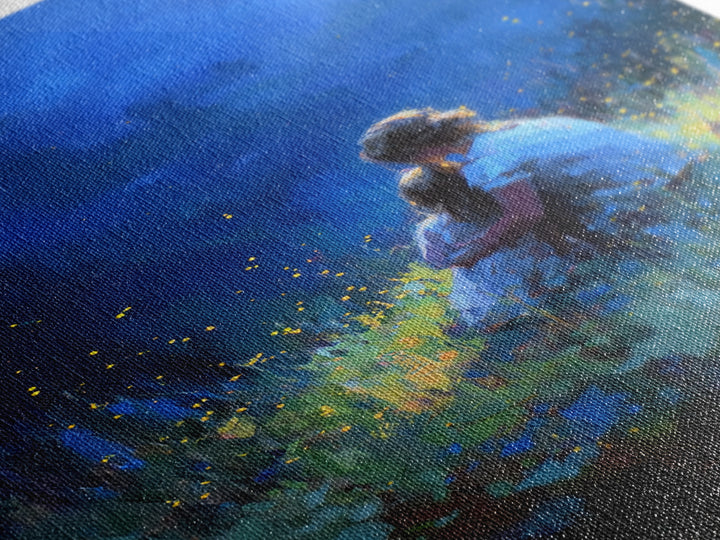 Mother And Child In Deep Blue Firefly Meadow Canvas Print, Moody Wall Art, Fantasy Decor, Nursery Wall Art, Gift For Her