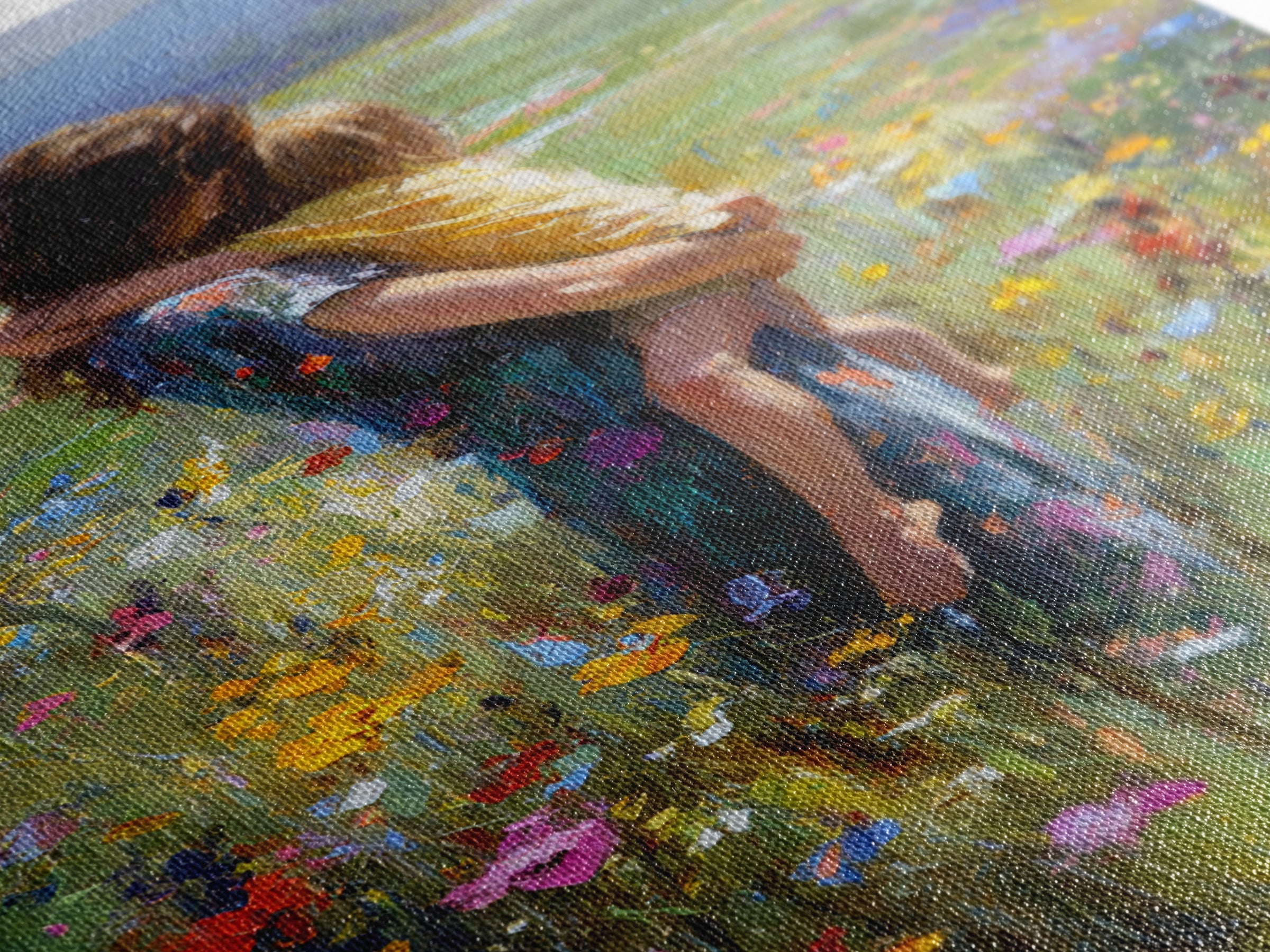 Mother Carrying Child Through Wildflower Meadow Canvas Print, Impressionist Floral Wall Decor, Nursery Art, Gift For Mom
