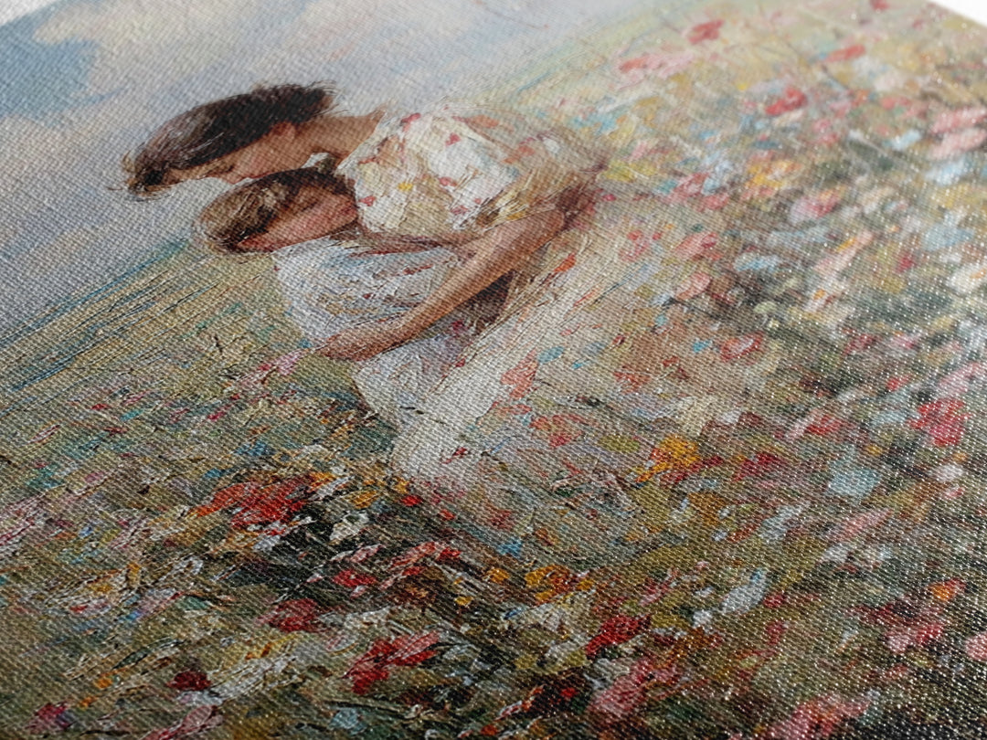 Seated Mother And Child In Coastal Wildflowers Canvas Print, Impressionist Floral Wall Art, Beach House Decor, Gift For Mom