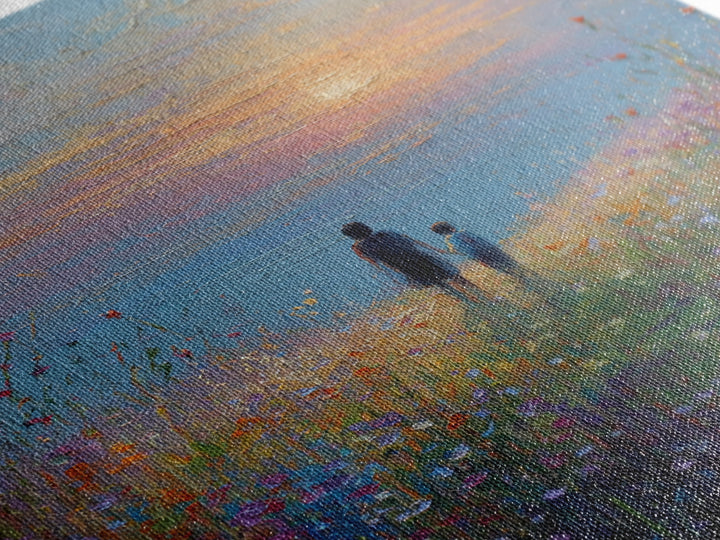 Parent And Child In Misty Wildflower Meadow Canvas Print, Textured Sunset Landscape Wall Art, Calming Living Room Decor Gift