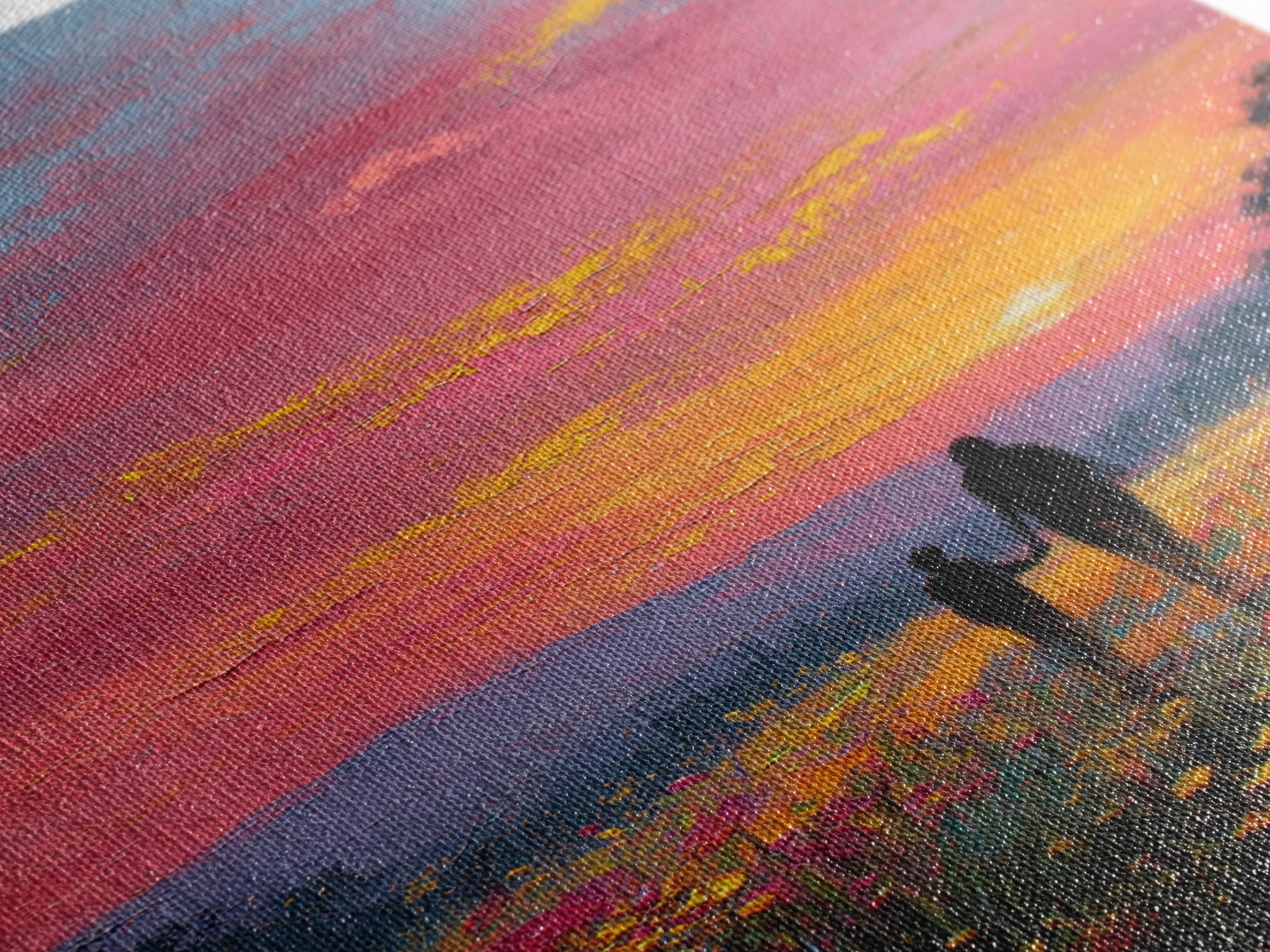 Father And Child Walking Through Pink Sunset Meadow Wall Art, Colorful Landscape Canvas Print, Family Gift, Bedroom Decor