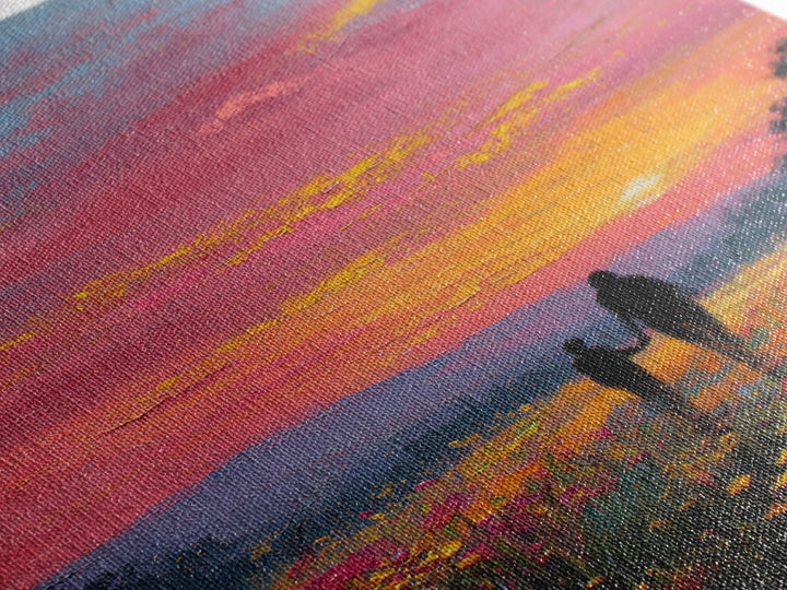 Father And Child Walking Through Pink Sunset Meadow Wall Art, Colorful Landscape Canvas Print, Family Gift, Bedroom Decor