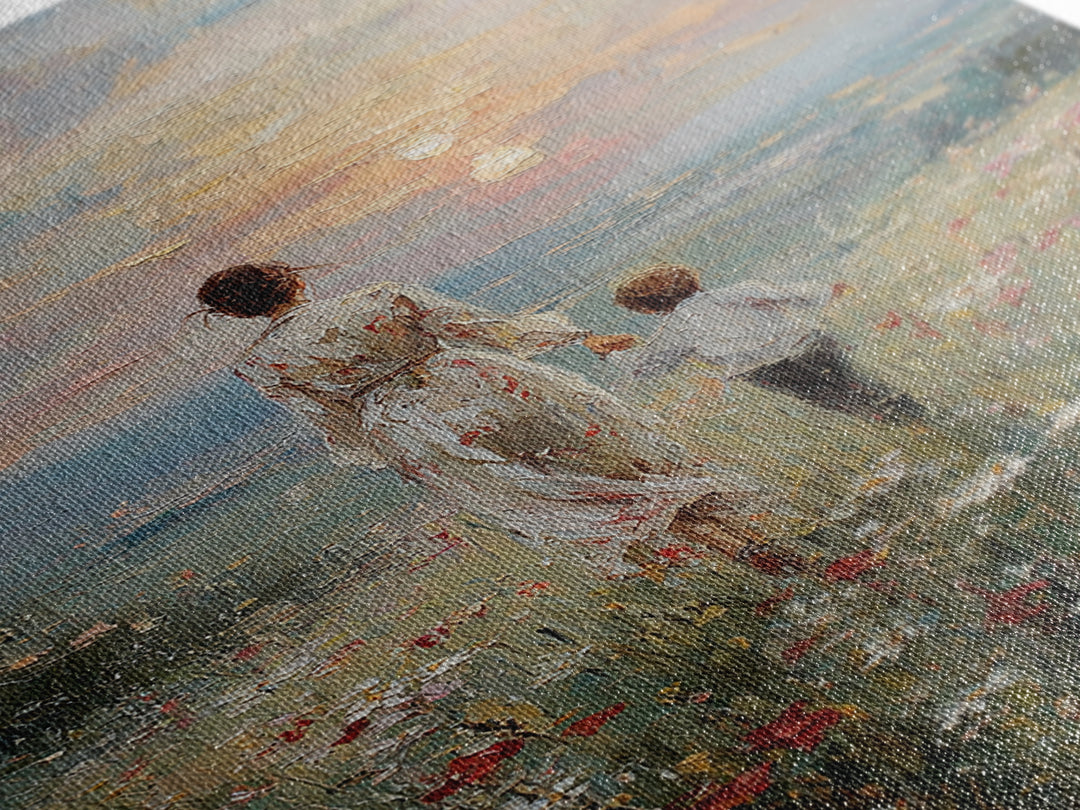 Mother And Son Walking In Wildflower Meadow Framed Canvas Print, Impressionist Sunset Wall Art, Family Gift, Warm Home Decor