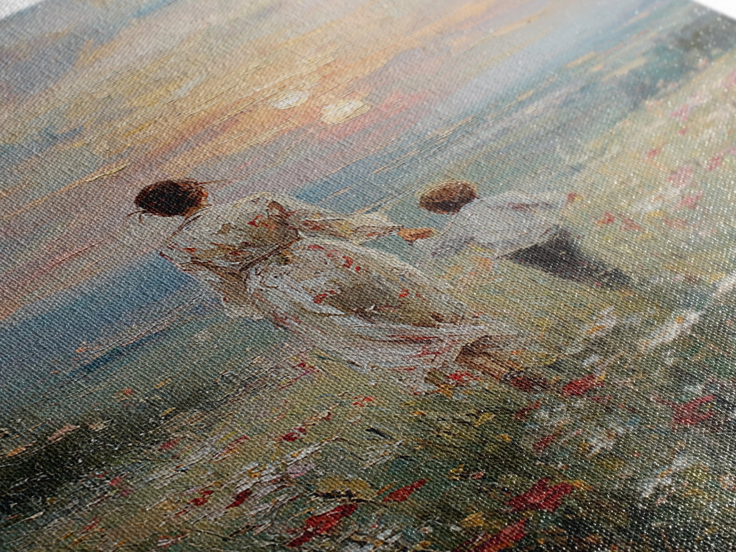 Mother And Son Walking In Wildflower Meadow Framed Canvas Print, Impressionist Sunset Wall Art, Family Gift, Warm Home Decor
