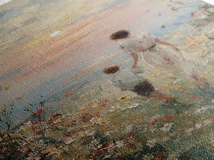 Mother And Child Sunset Seaside Wall Art, Wildflower Path Oil Painting, Coastal Decor, Gift For Mom, Living Room Art, Fine Art Print