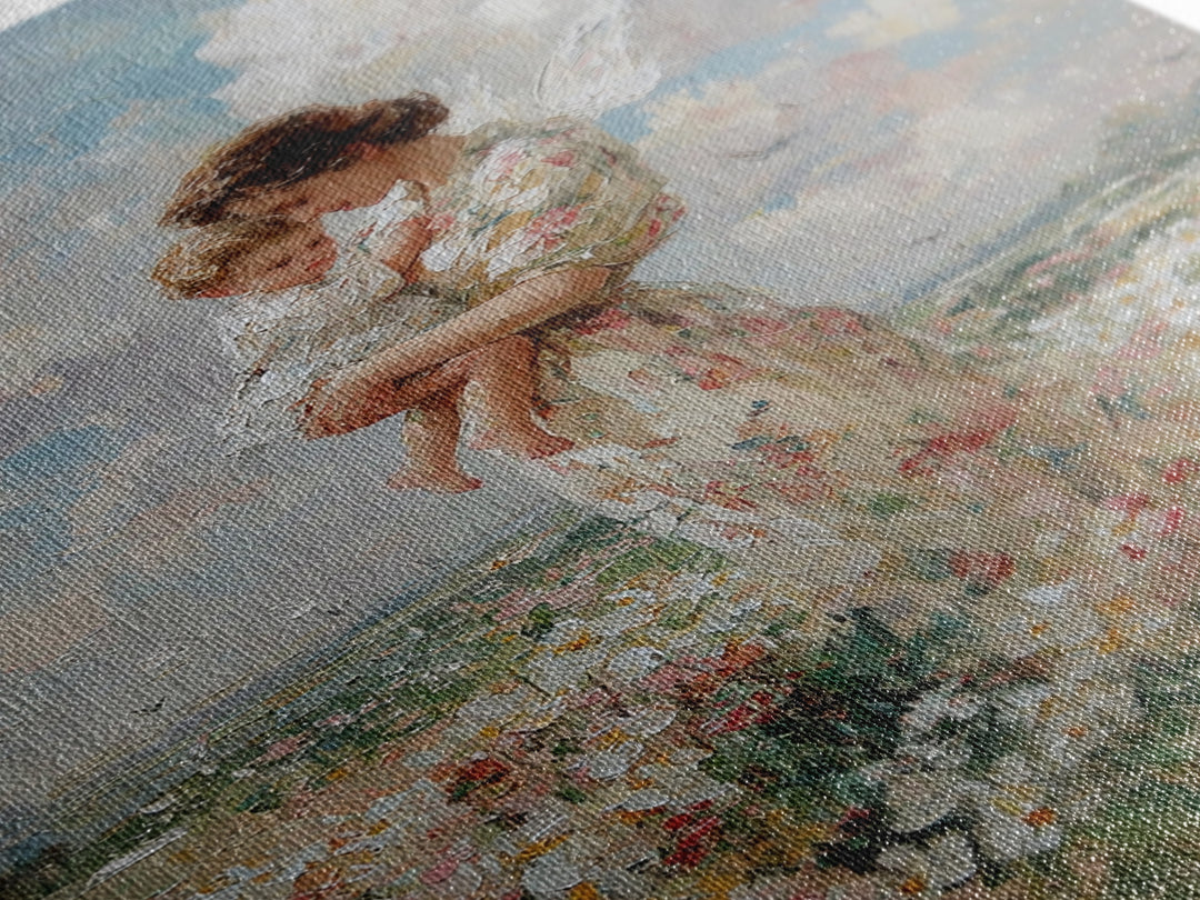 Mother Holding Baby In Daisy Meadow Wall Art, Impressionist Oil Painting, Nursery Decor, Gift For Mom, Fine Art Print, Living Room Decor