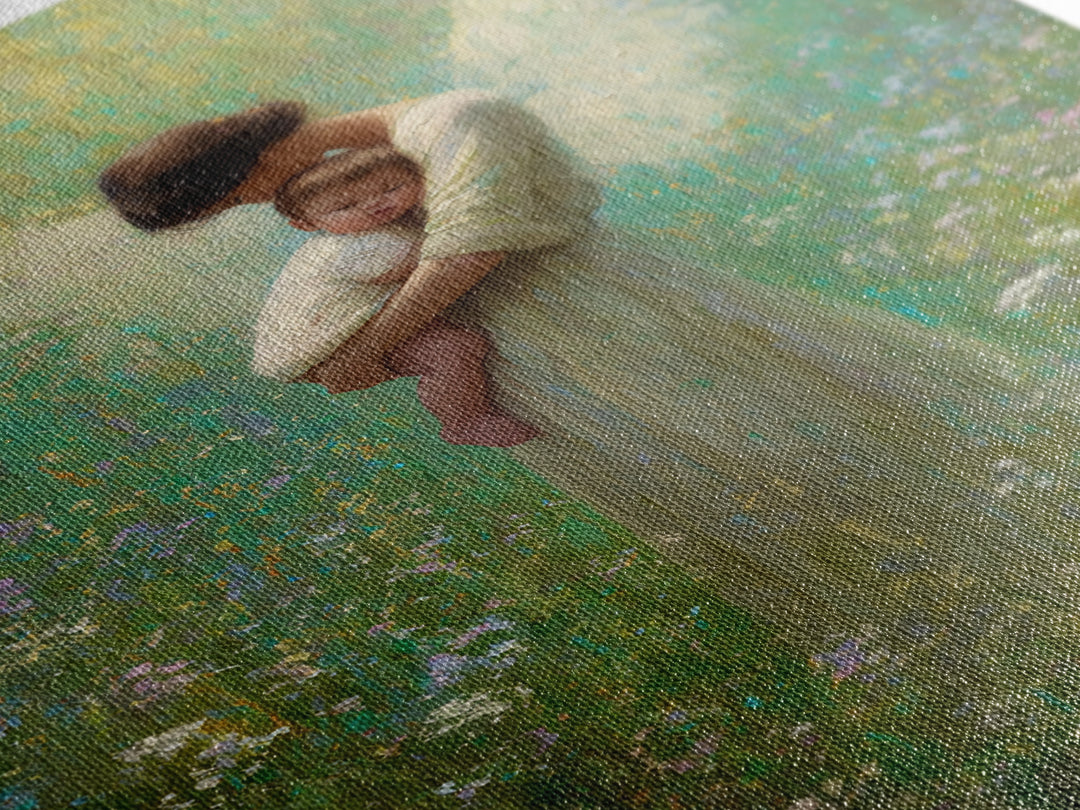 Soft Guardian Angel Holding Baby In Green Meadow Canvas Print, Spiritual Wall Art, Nursery Decor, Baby Shower Gift, Gift For Mom