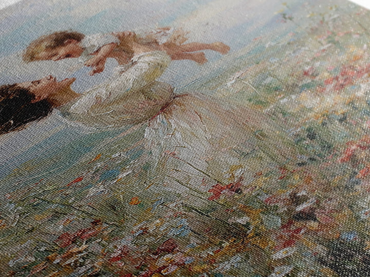 Joyful Mother Lifting Baby In Wildflower Meadow Wall Art, Impressionist Oil Painting, Nursery Decor, Gift For Mom, Living Room Art