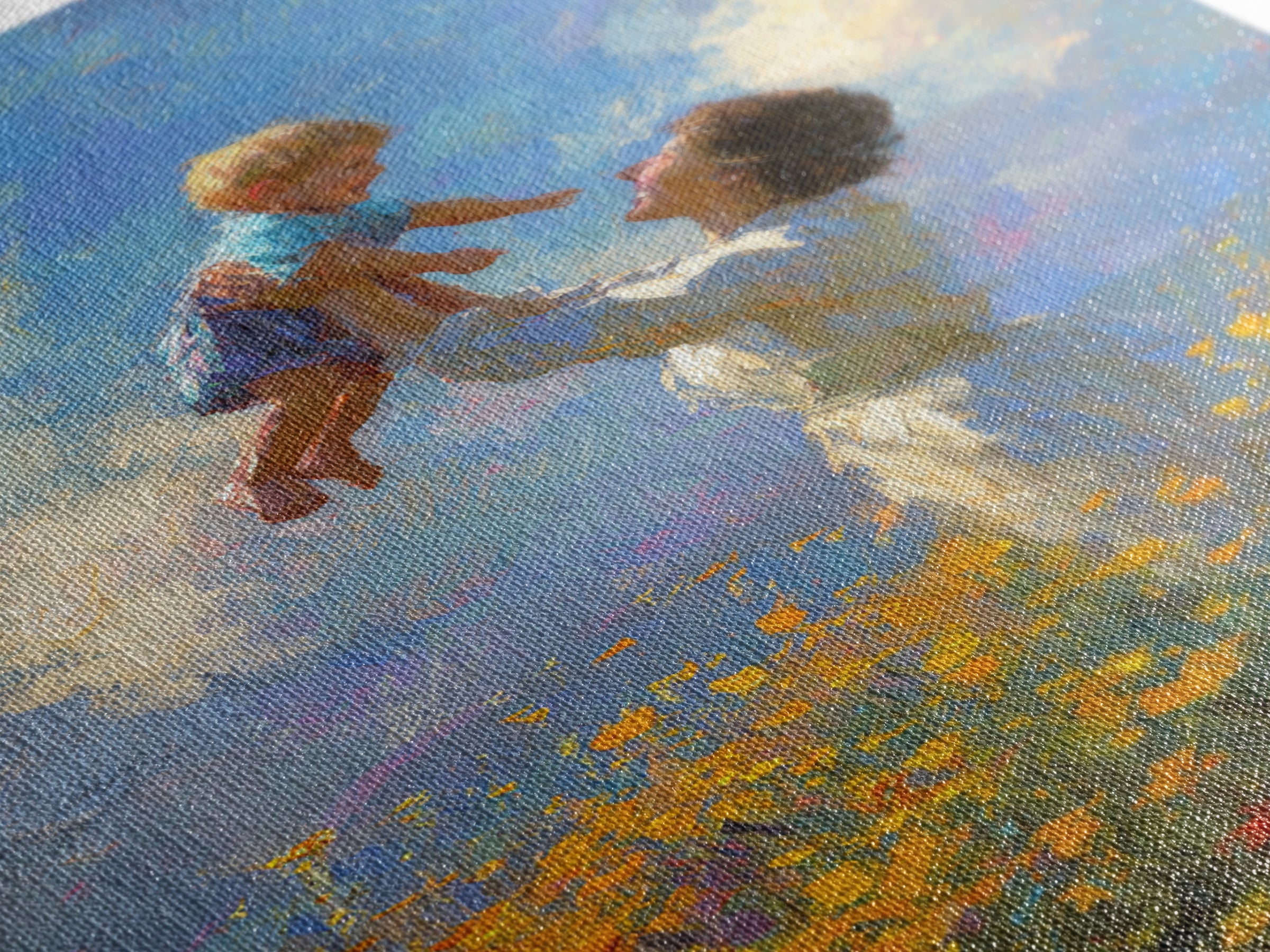 Mother Lifting Child Into Blue Sky Canvas Print, Joyful Wildflower Oil Painting, Nursery Decor, Gift For Mom, Living Room Decor