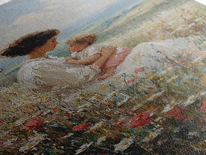 Mother And Baby In Hillside Wildflowers Framed Canvas Print, Impressionist Landscape Wall Art, Nursery Decor, Gift For Her