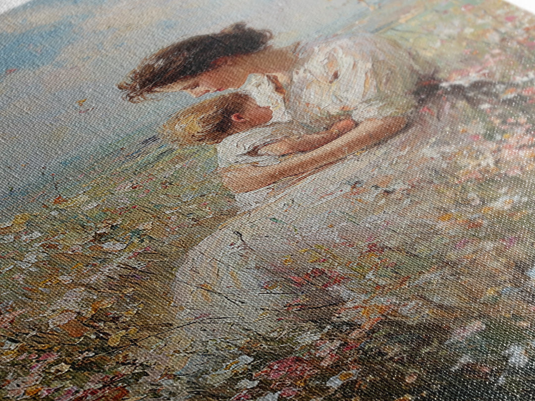 Nursing Mother And Baby In Wildflower Meadow Wall Art, Impressionist Oil Painting Print, Feminine Nursery Decor, Gift For Mom
