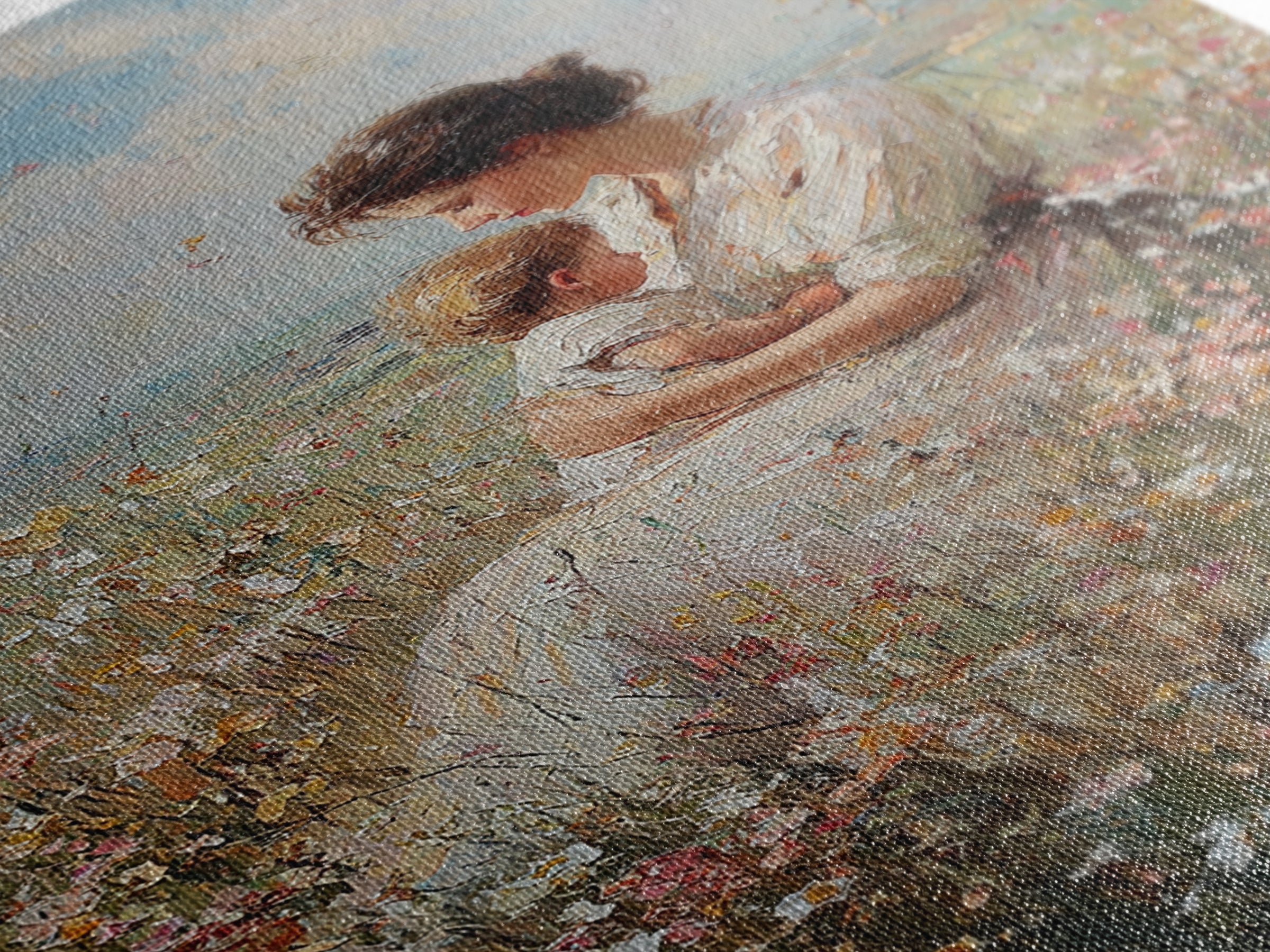 Nursing Mother And Baby In Wildflower Meadow Wall Art, Impressionist Oil Painting Print, Feminine Nursery Decor, Gift For Mom