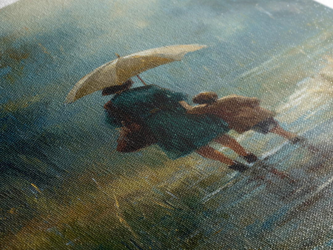 Mother And Child Rainy Pond Canvas Print, Moody Blue Impressionist Landscape Art, Umbrella Painting For Bedroom Decor, Home Decor