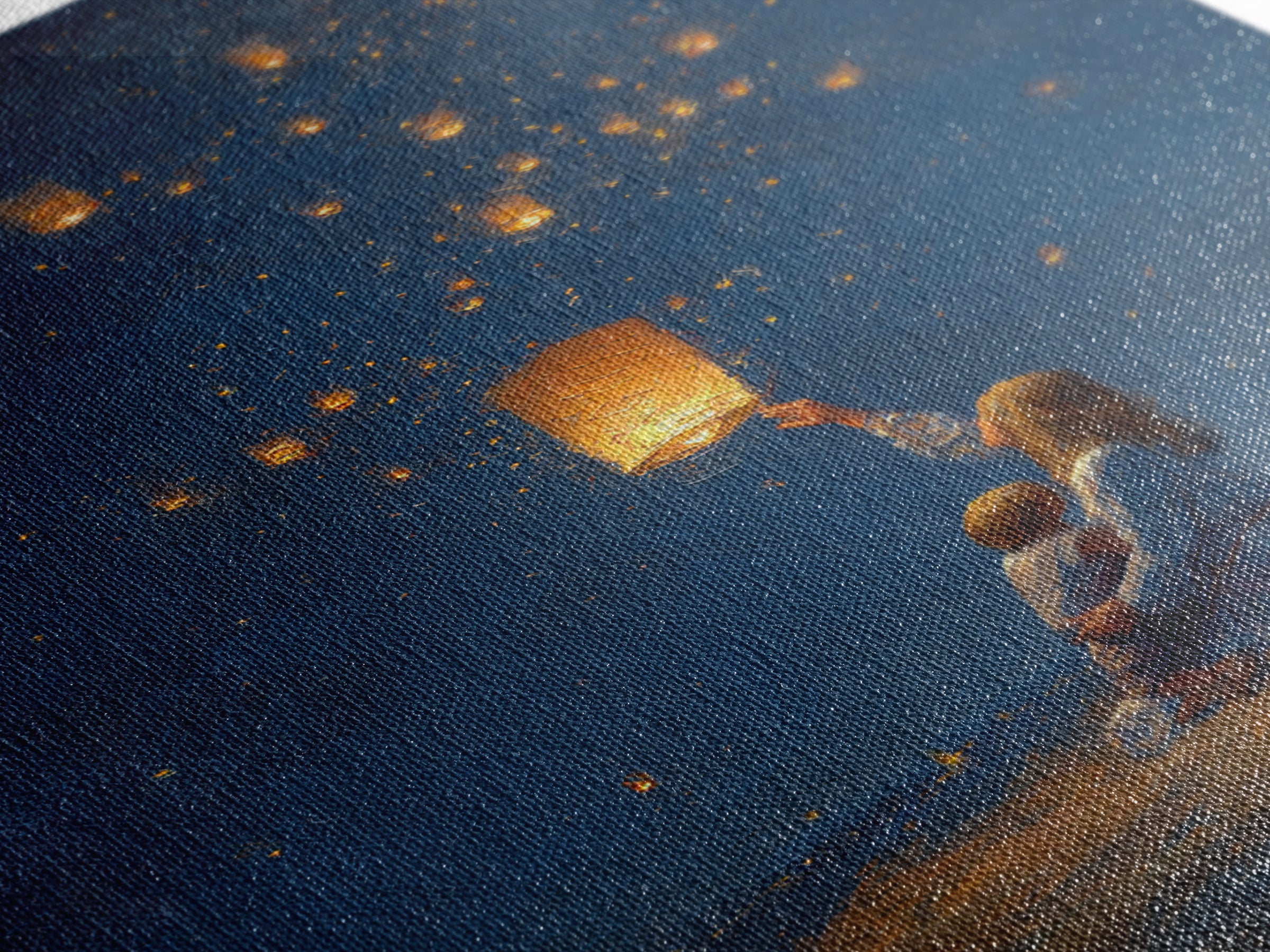 Mother And Child Releasing Sky Lantern Canvas Print, Starry Night Beach Wall Art, Celestial Nursery And Bedroom Decor Gift