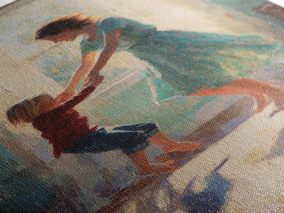 Mother And Child Dancing In Teal Dress Sunlight Canvas Print, Warm Impressionist Family Wall Art, Cozy Bedroom Decor, Gift For Her
