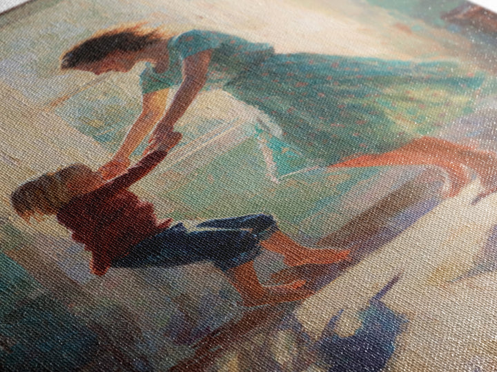 Mother And Child Dancing In Teal Dress Sunlight Canvas Print, Warm Impressionist Family Wall Art, Cozy Bedroom Decor, Gift For Her