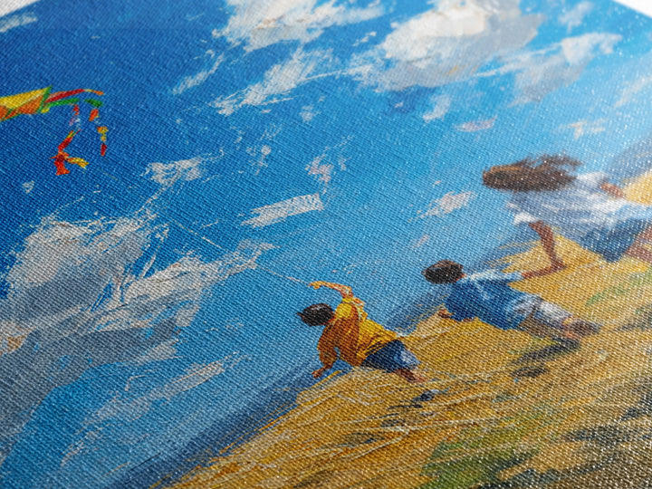Children Chasing Bright Kite In Golden Field Framed Canvas Print, Colorful Wall Art, Summer Landscape, Kids Room Decor Gift