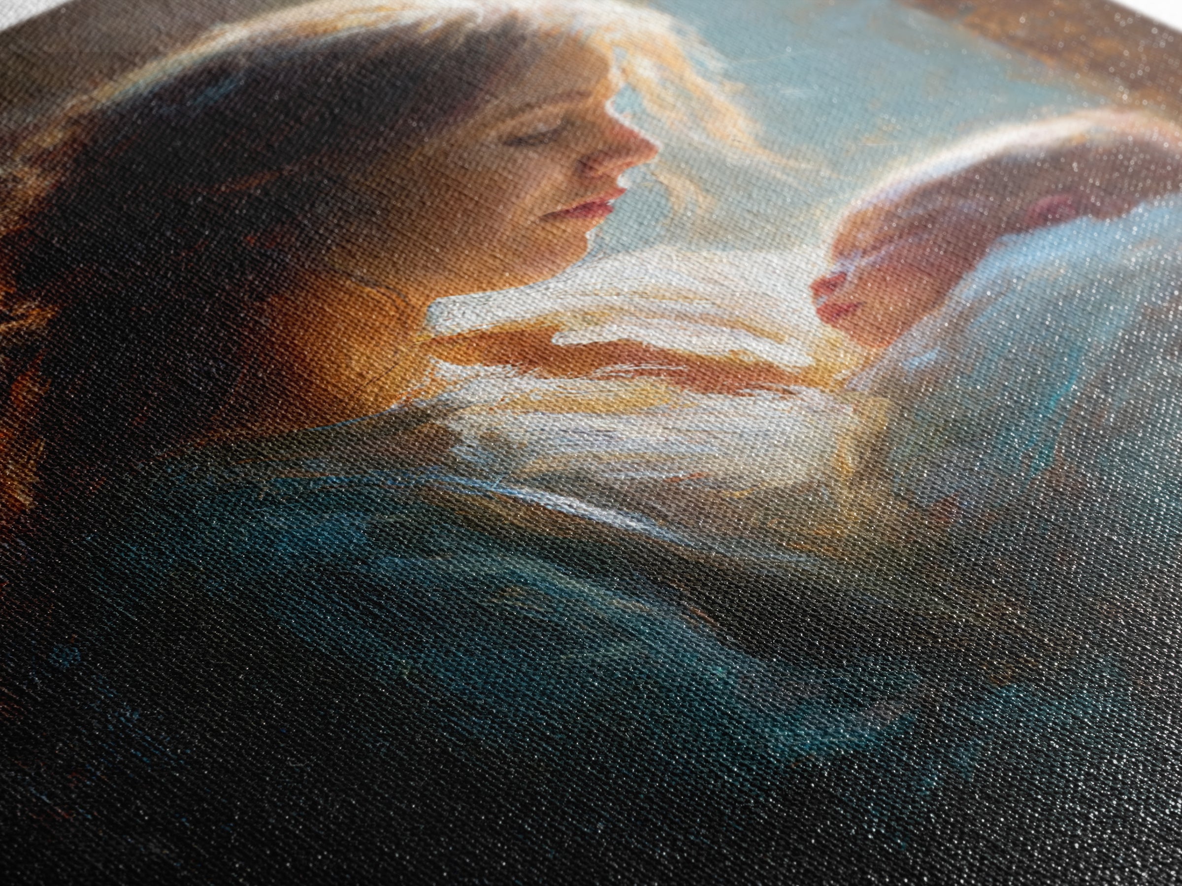 Radiant Mother Gazing At Newborn In Shadow Canvas Print, Moody Wall Art, Spiritual Gift, Nursery Decor, New Mom Gift Print