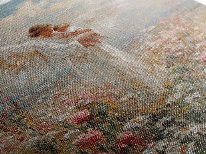 Guardian Angel Holding Baby In Wildflower Meadow Wall Art, Christian Nursery Decor, Motherhood Gift, Framed Fine Art Print