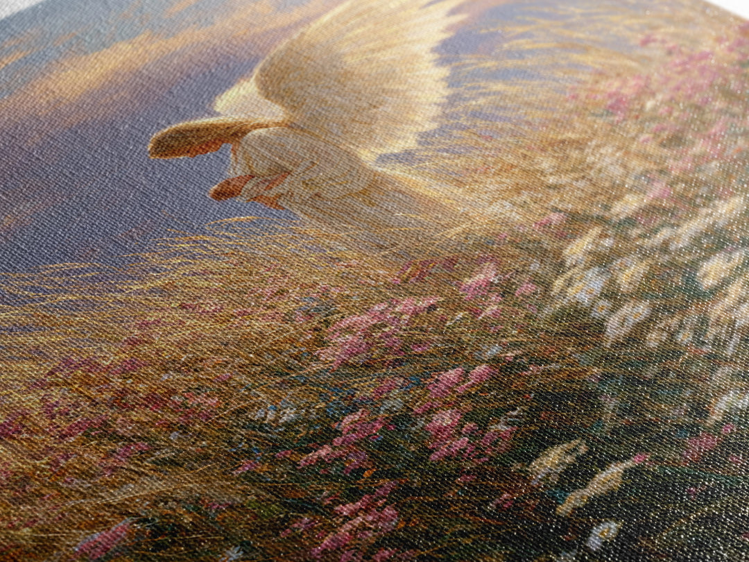 Golden Winged Angel With Infant At Sunset Wall Art, Christian Bedroom Decor, Floral Canvas Print, Spiritual Gift For Her