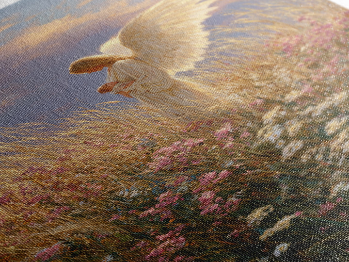 Golden Winged Angel With Infant At Sunset Wall Art, Christian Bedroom Decor, Floral Canvas Print, Spiritual Gift For Her