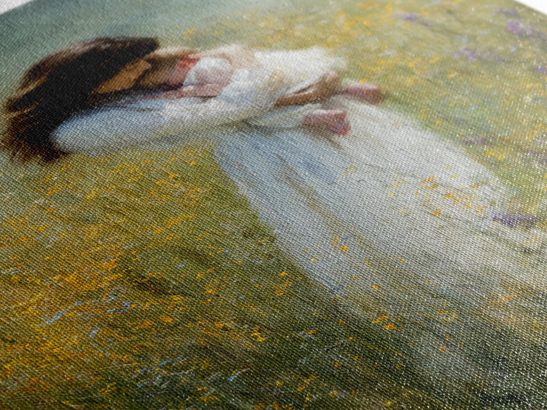 Tender Mother Cradling Newborn In Yellow Meadow Canvas Print, Motherhood Wall Art, Feminine Nursery Wall Decor, Gift For Mom