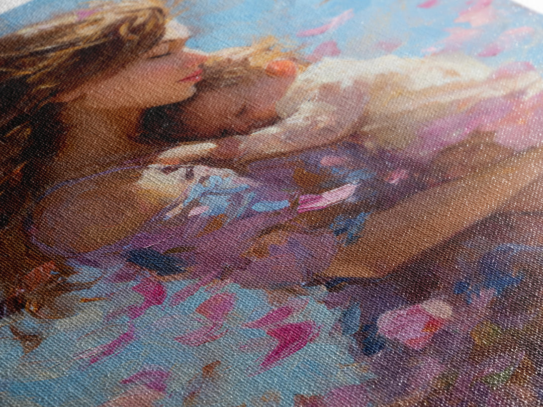 Tender Mother And Baby In Pink Petals Wall Art, Impressionist Oil Painting Print For Nursery, Bedroom, Gift For Mom, Home Decor