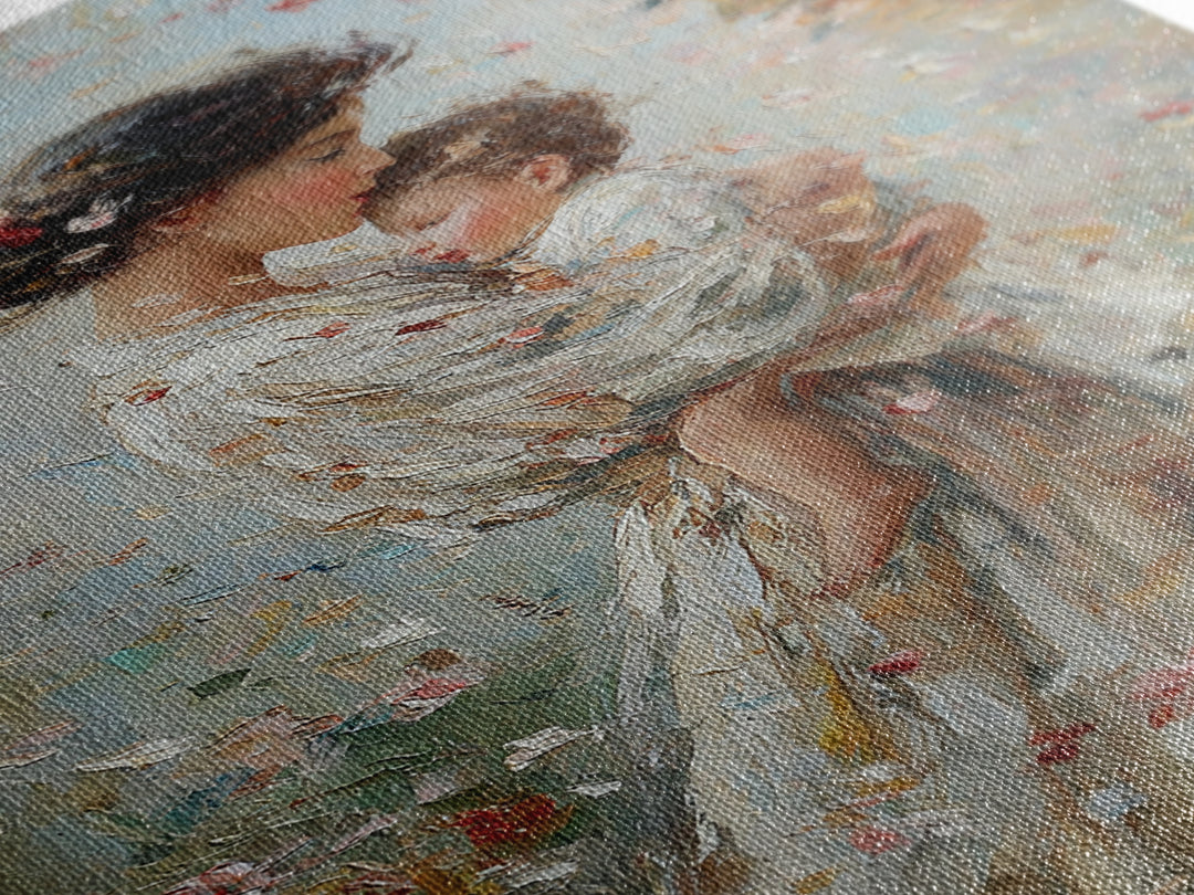 Mother Cradling Baby In Blossom Garden Wall Art, Romantic Impressionist Oil Painting, Feminine Bedroom Decor Gift For Her