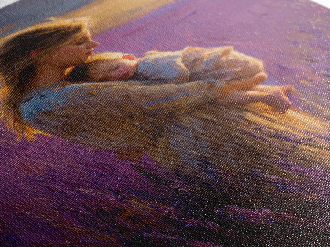 Mother And Sleeping Baby In Lavender Field Wall Art, Sunset Impressionist Oil Painting, Romantic Bedroom Decor, Gift For Mom