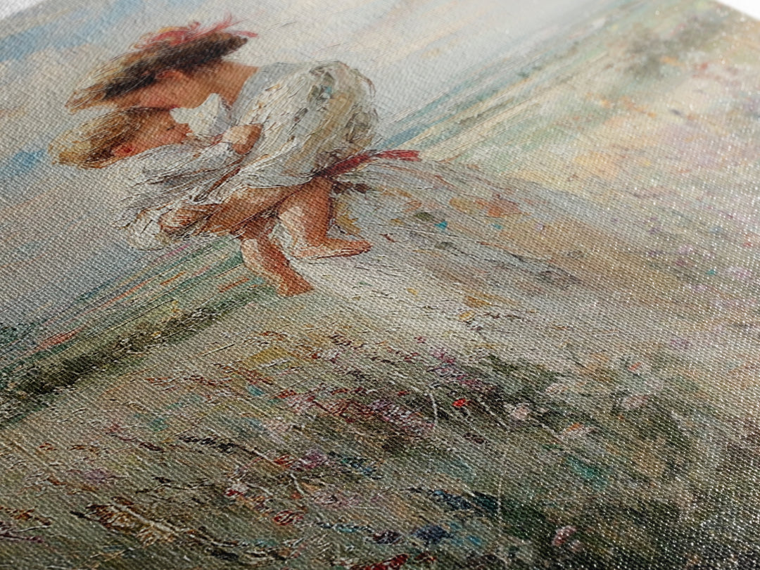 Mother Holding Child In Windy Wildflower Meadow Framed Canvas Print, Impressionist Landscape Wall Decor, Gift For Mom, Home Decor
