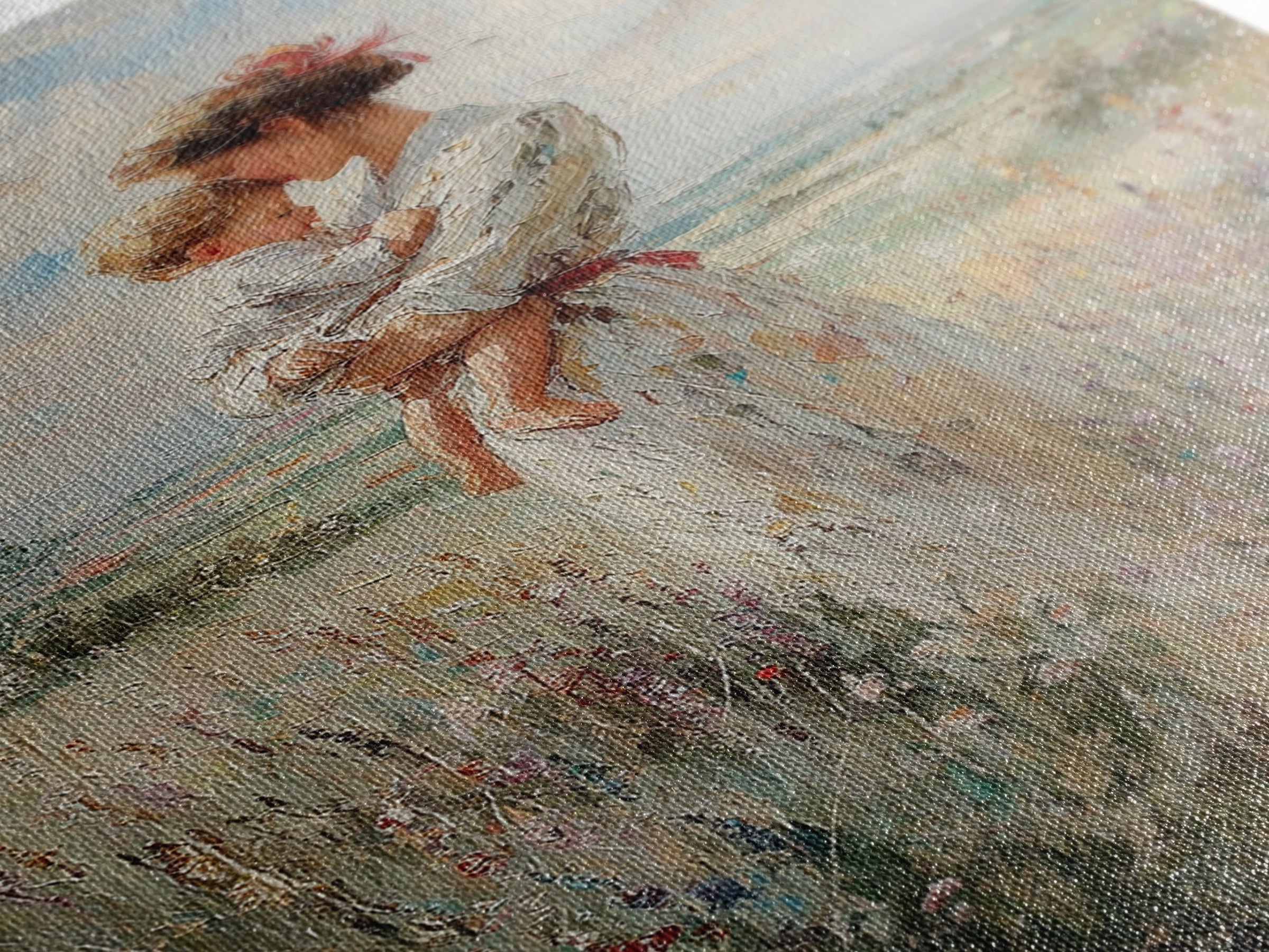 Mother Holding Child In Windy Wildflower Meadow Framed Canvas Print, Impressionist Landscape Wall Decor, Gift For Mom, Home Decor