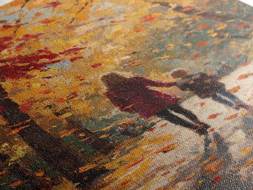 Mother And Child Golden Fall Walk Canvas Print, Red Coat Autumn Trees Painting, Warm Family Decor, Rustic Wall Art, Gift For Mom